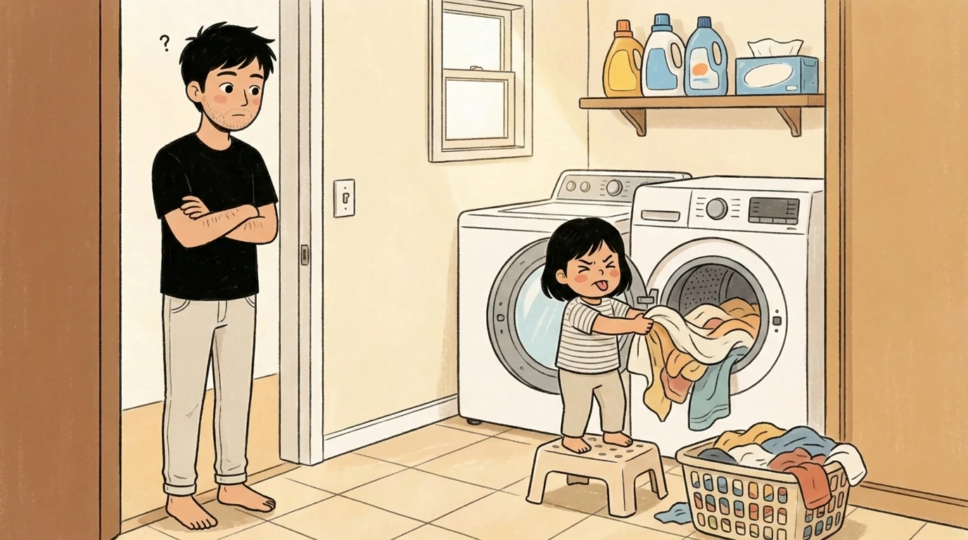 Parent with arms crossed watching young child on step stool loading laundry into washing machine independently