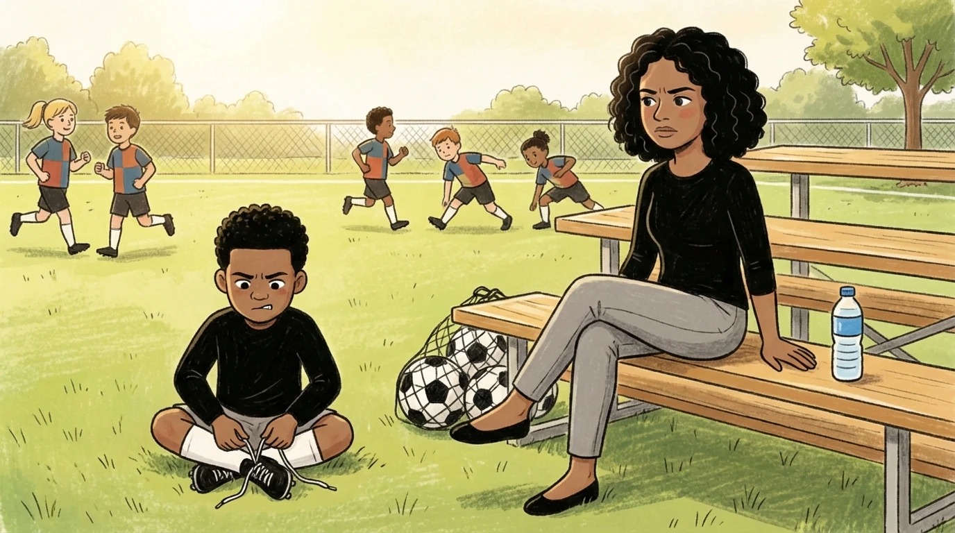 Child sitting alone on grass at soccer field with ball while parent watches from bench nearby