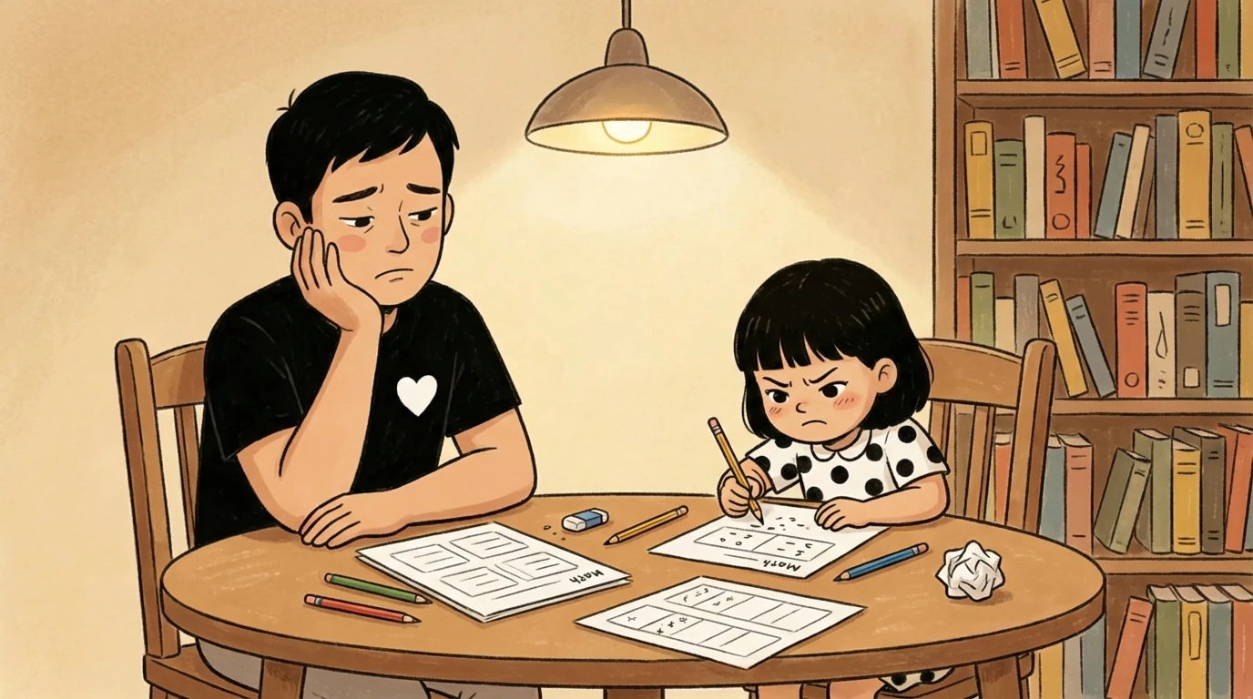 Parent leaning on hand watching child work through homework at a table with scattered papers