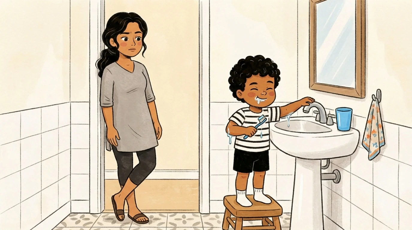 Toddler on step stool brushing teeth at sink while parent stands in doorway watching from a distance