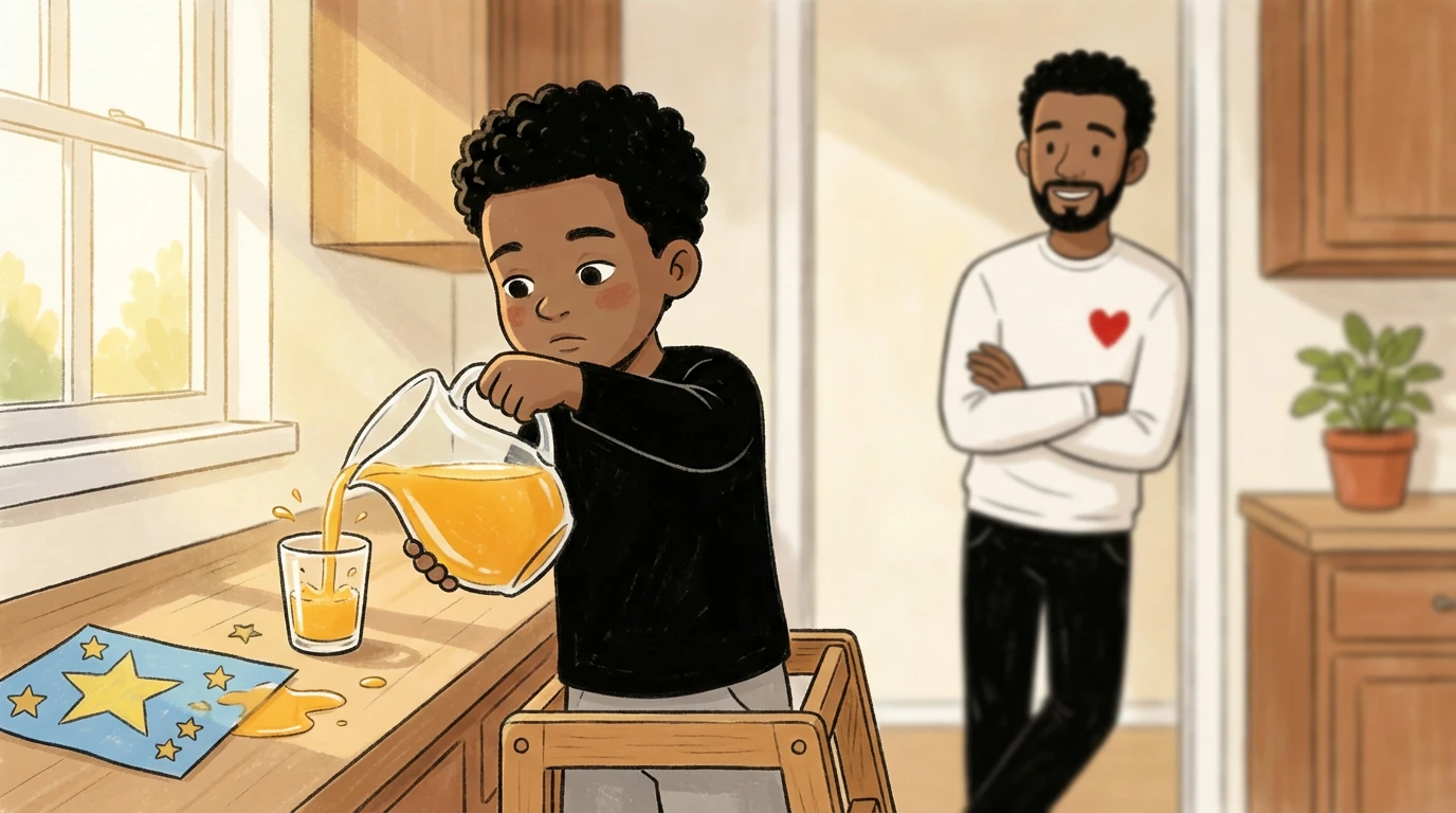 Child independently pouring juice in kitchen while parent watches from the doorway.