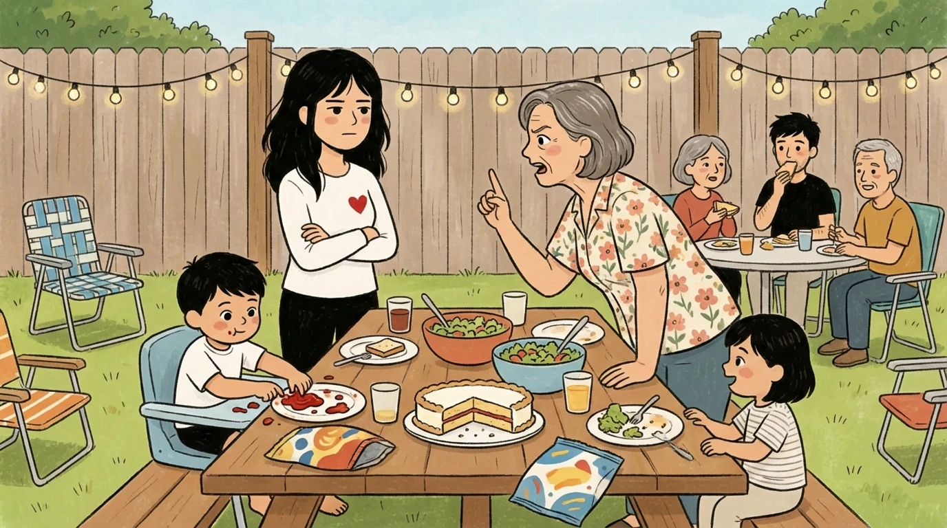 Older woman pointing a finger at a younger mother at a backyard picnic as people criticize her parenting approach