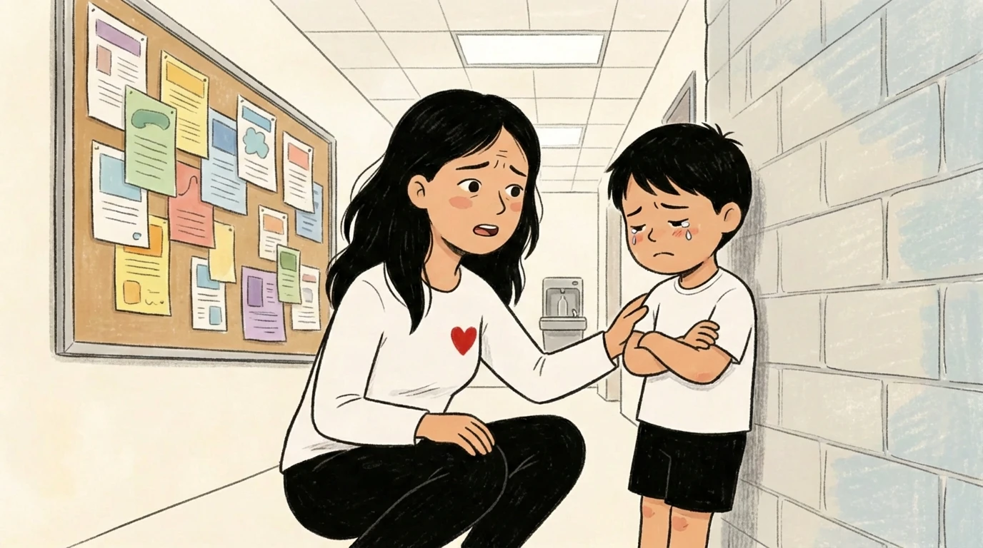 Mother crouching in a school hallway to respond to her tearful son with arms crossed