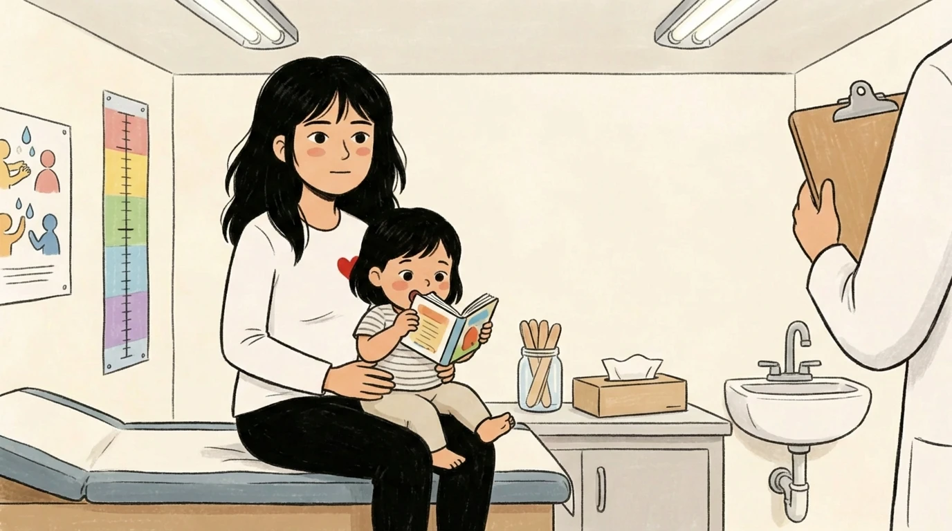 Mother and toddler on a doctor's exam table as a clinician takes notes, standing by her parenting approach