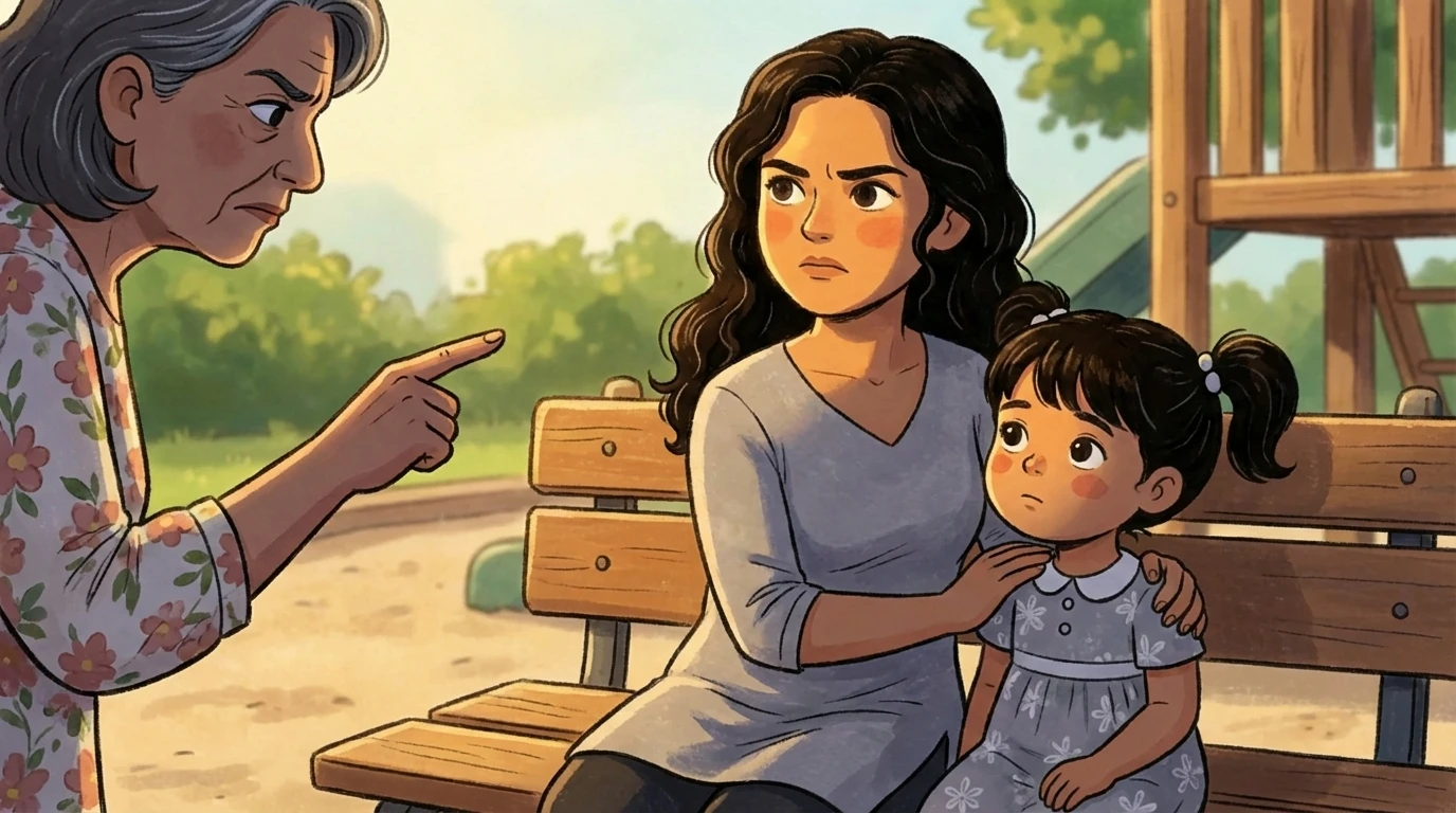 Parent holding her child on a park bench while another woman points and criticizes her parenting approach.