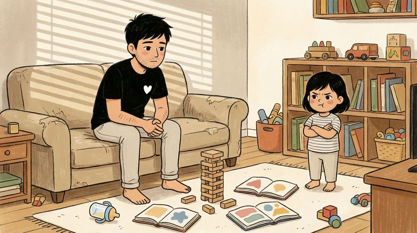 Father on couch as child stands with arms crossed over scattered blocks, two parenting styles at play