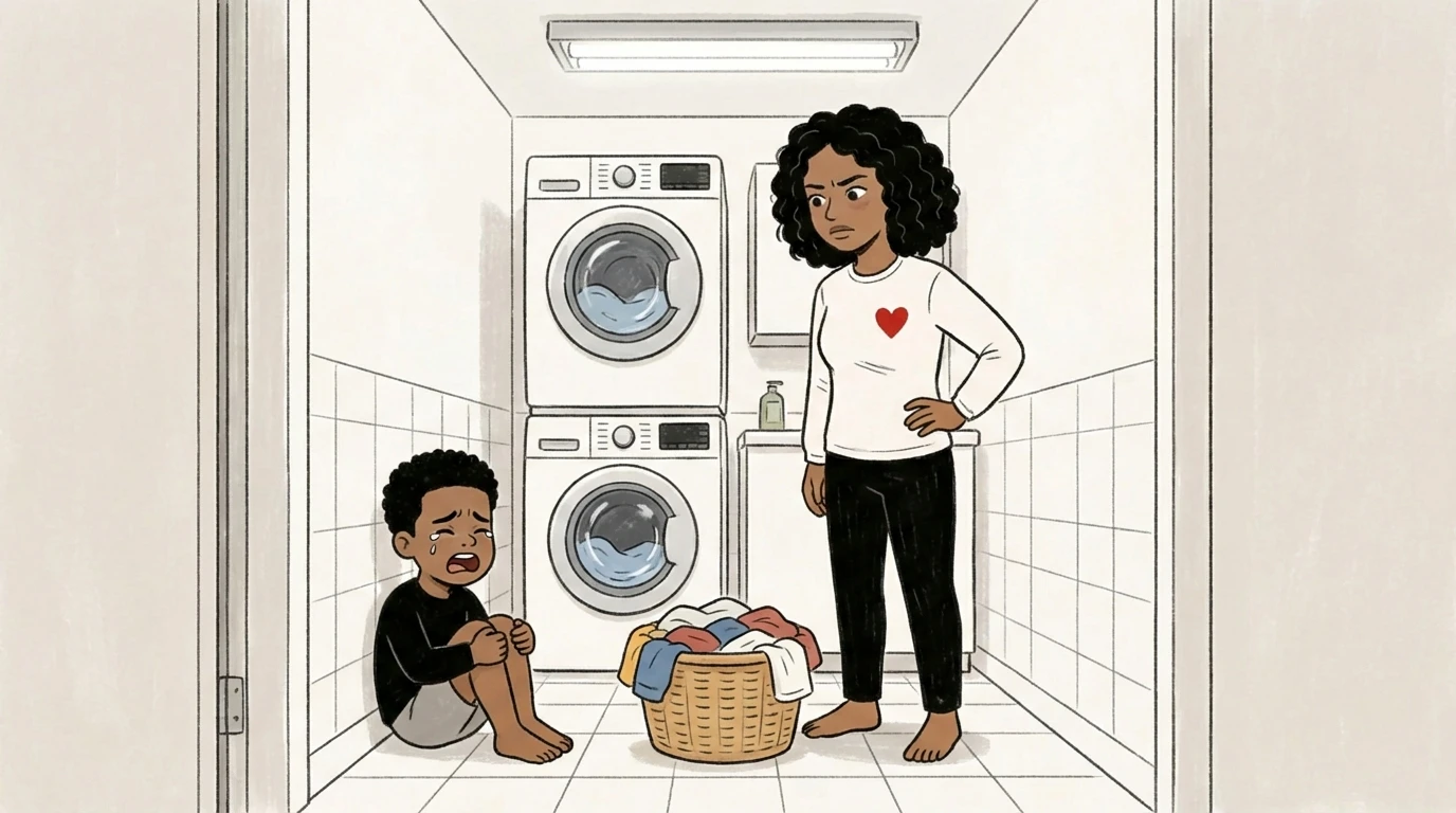 Mother with hand on hip stands over child sitting on the floor beside a laundry basket, authoritarian pose