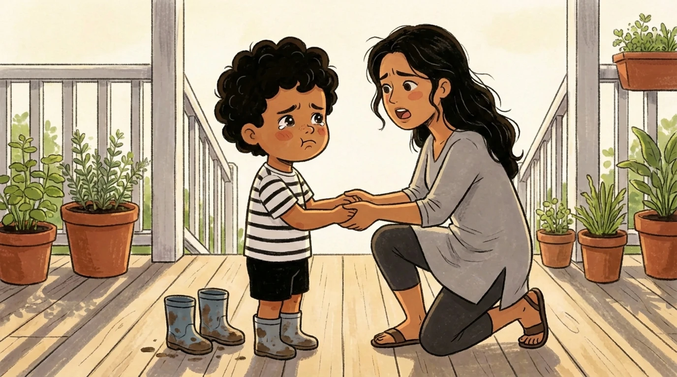 Mother kneels on a porch holding a child's hands, an authoritative approach with warmth and eye-level connection
