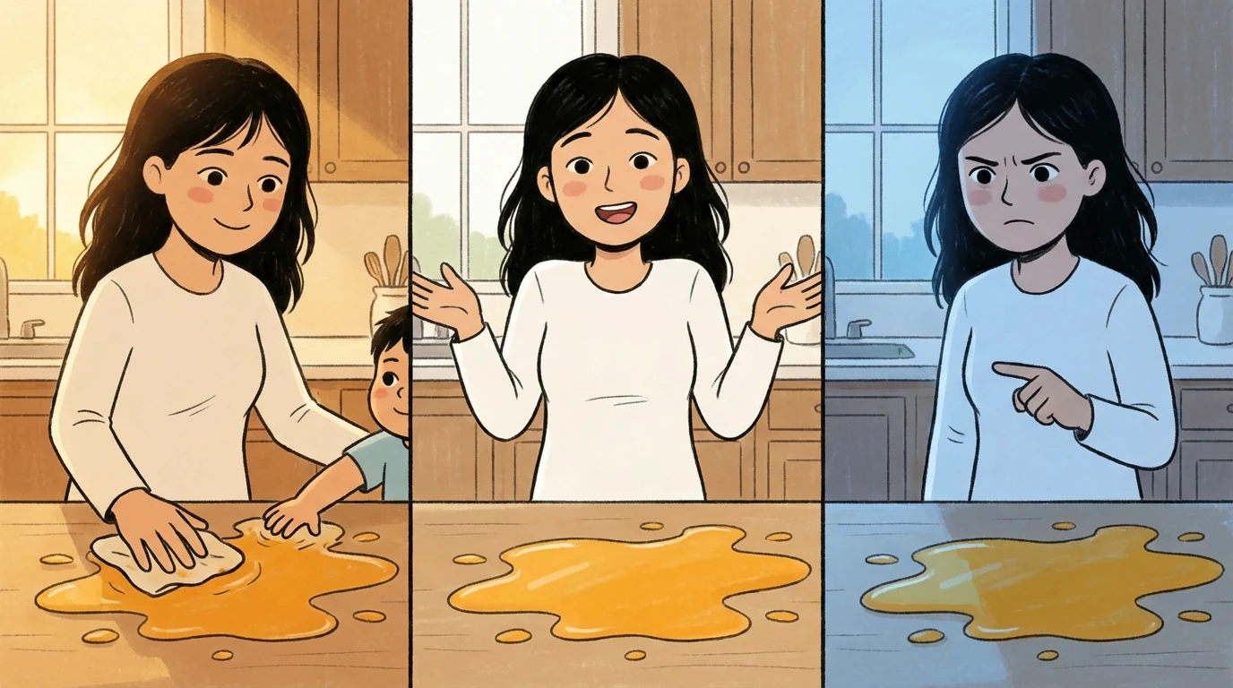 Three panels comparing parenting styles as a mother reacts to a spill — wiping, discussing, and pointing.