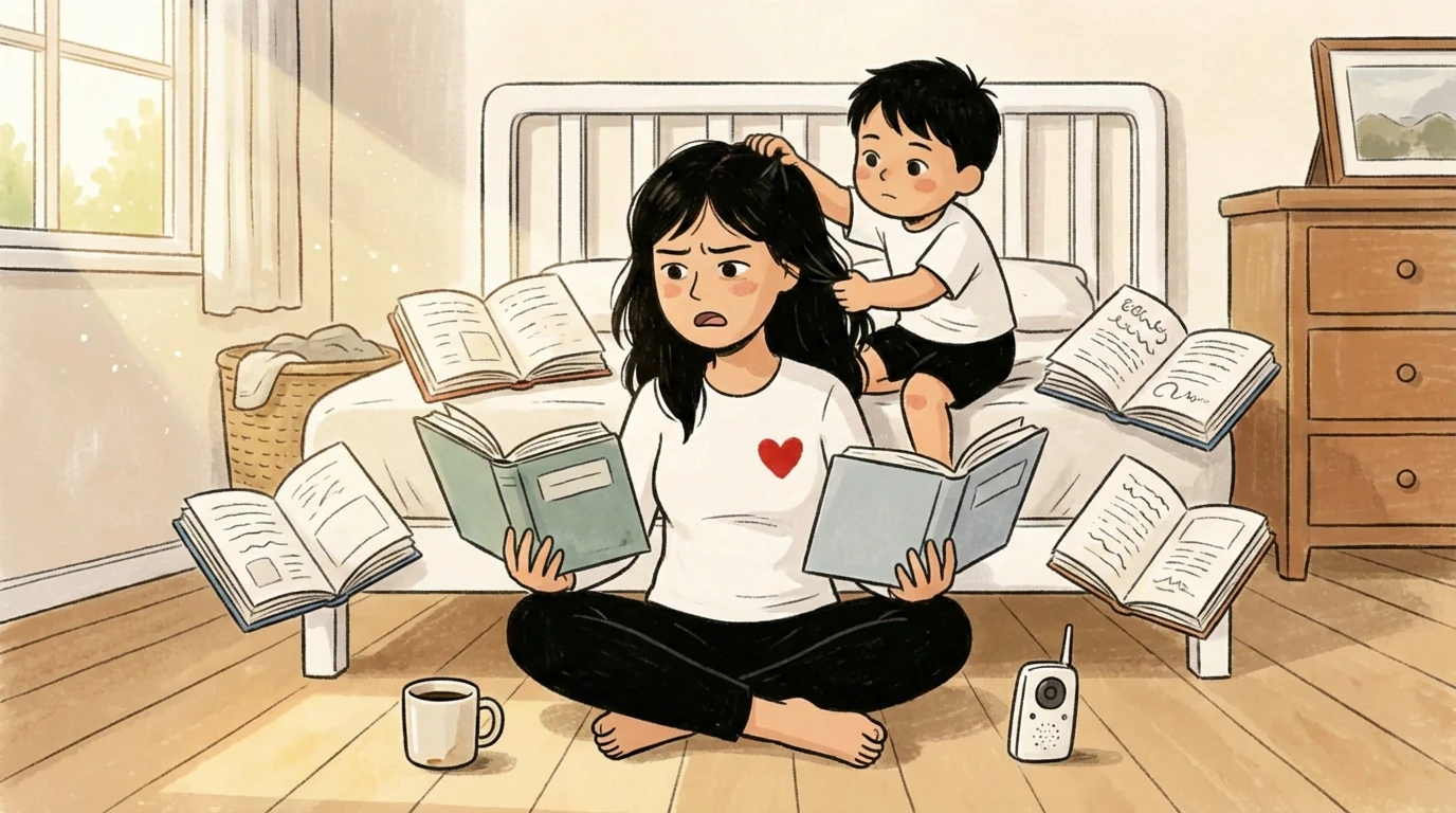 Mother sitting cross-legged on floor surrounded by open parenting books