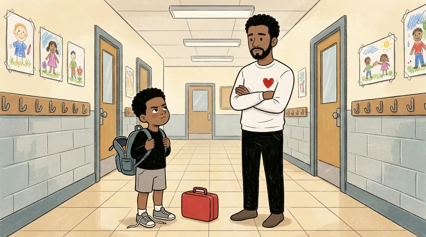Adult wearing a heart shirt standing with a child in a school hallway - weighing logic over reaction