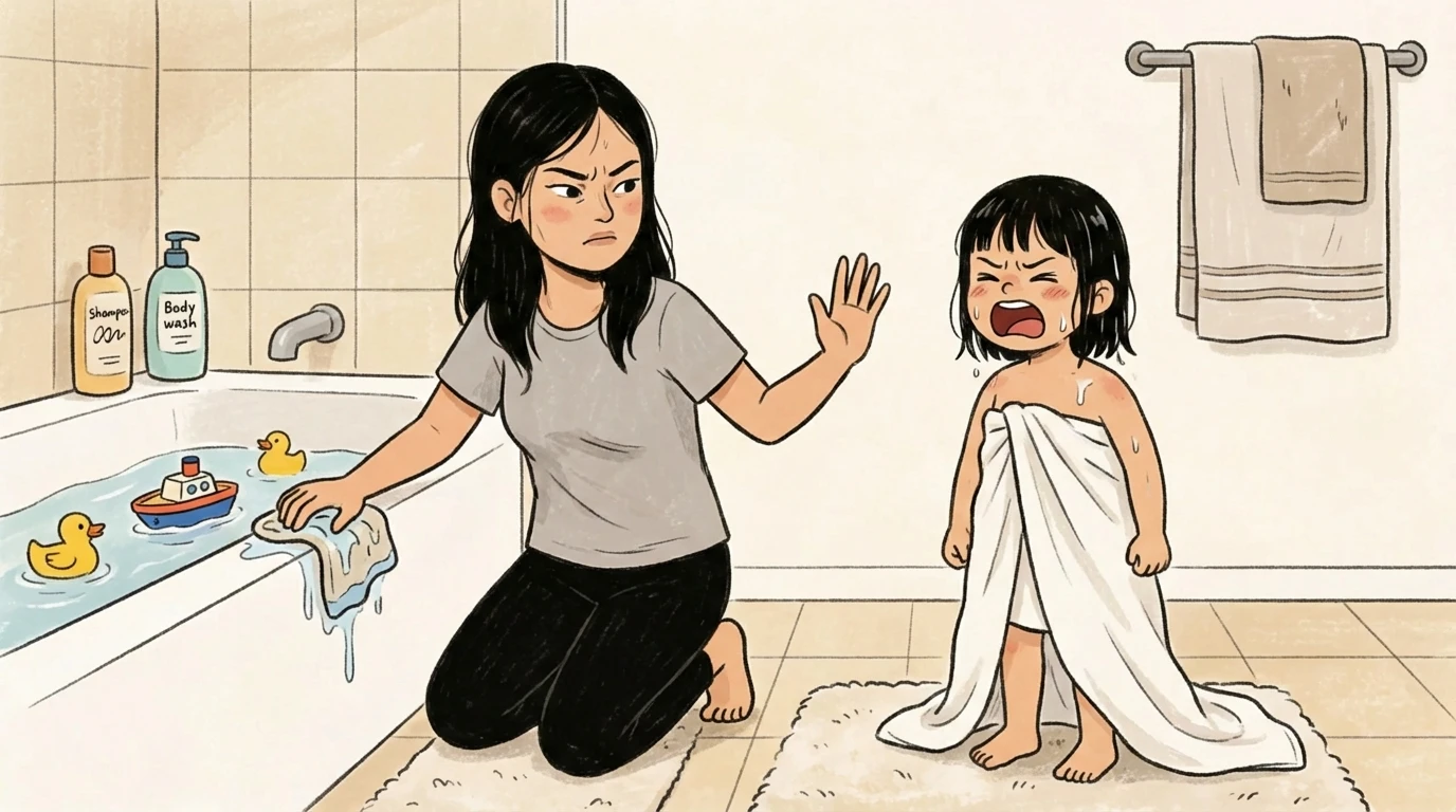 Mother kneeling at bathtub raising a hand as a toddler wrapped in a towel cries - popular methods tested