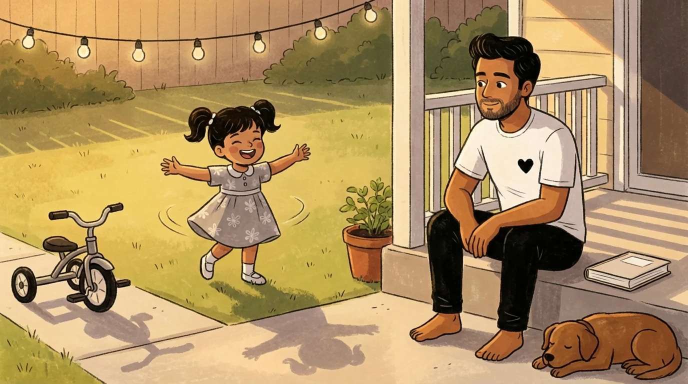 Father on porch steps watching a young child twirl in the backyard near a tricycle - a moment of love