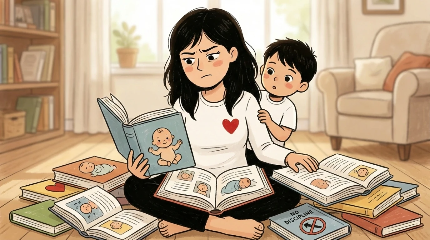 Mother sitting on floor reviewing popular parenting method books while toddler watches from behind.
