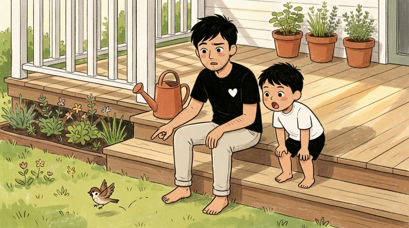 Adult and toddler sit on porch steps raising kind curiosity, watching a small bird land on the garden path