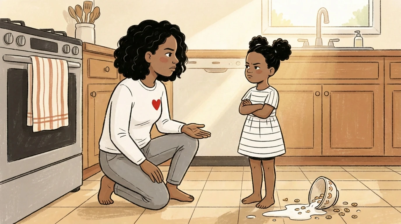 Parent kneels on kitchen floor for an empathetic talk with a child standing near a broken bowl