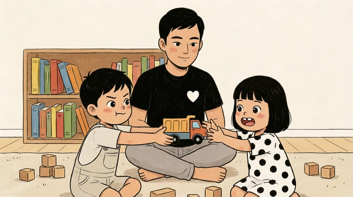 Father sits between two children both grabbing a toy truck, helping them find the right way to share