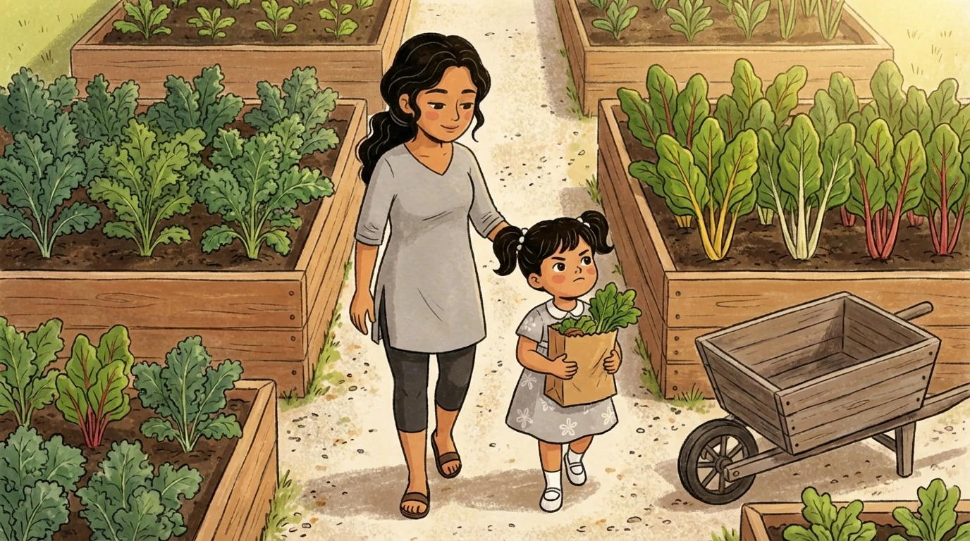 Mother and daughter walk through raised garden beds, the child carrying a bundle of freshly picked greens