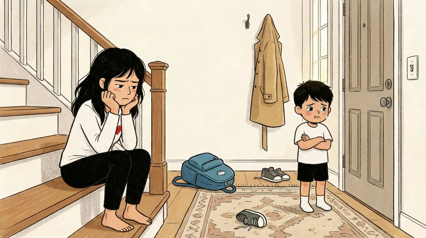 Illustration of a strict standoff: mother on stairs