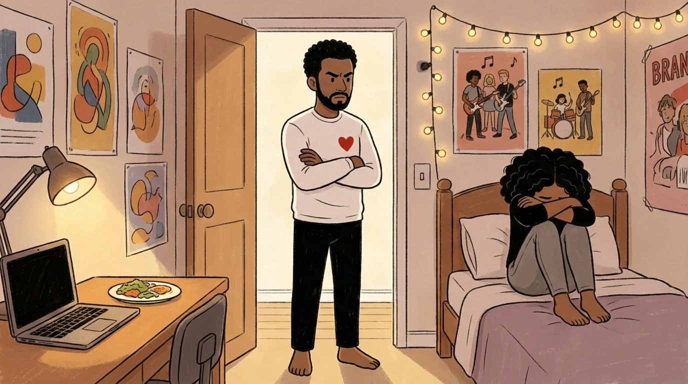 Parent stands arms crossed in a teen's doorway; a permissive bedroom wall of posters glows with string lights