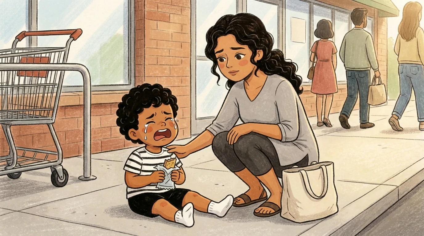 Mother kneels beside a crying toddler on a store sidewalk, one hand gently on the child's arm, shopping cart nearby
