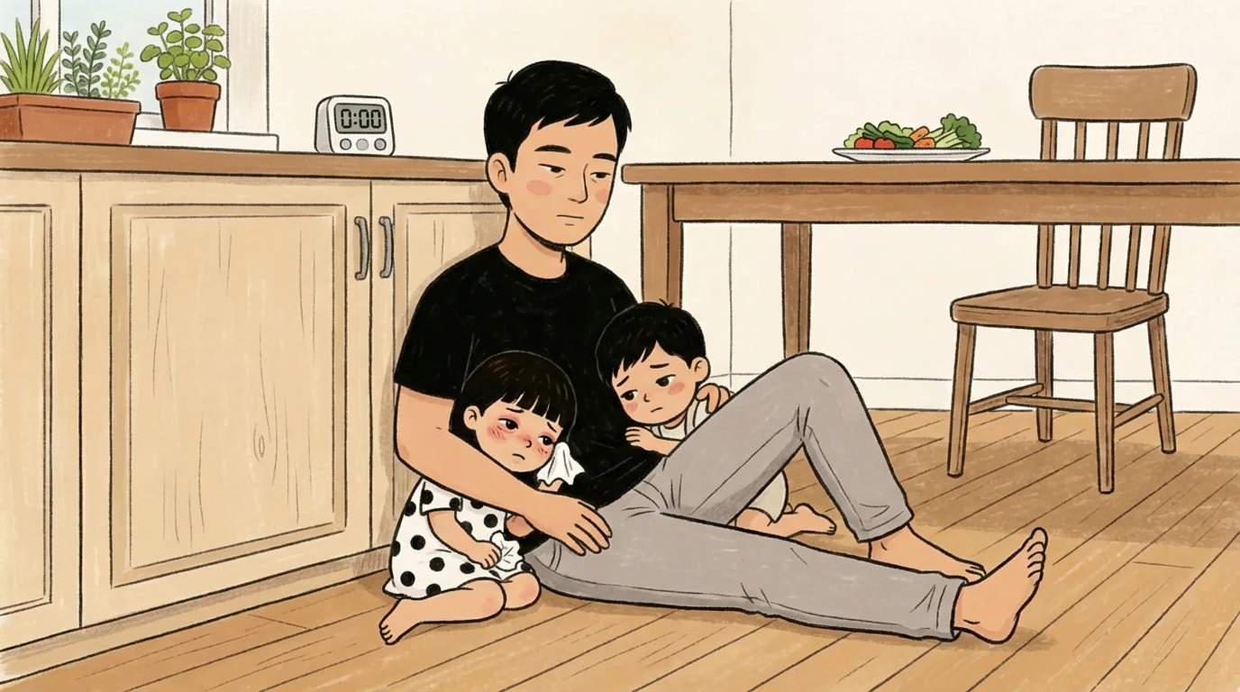 Father sits on a kitchen floor cradling two small children - the sweet spot of calm connection at home