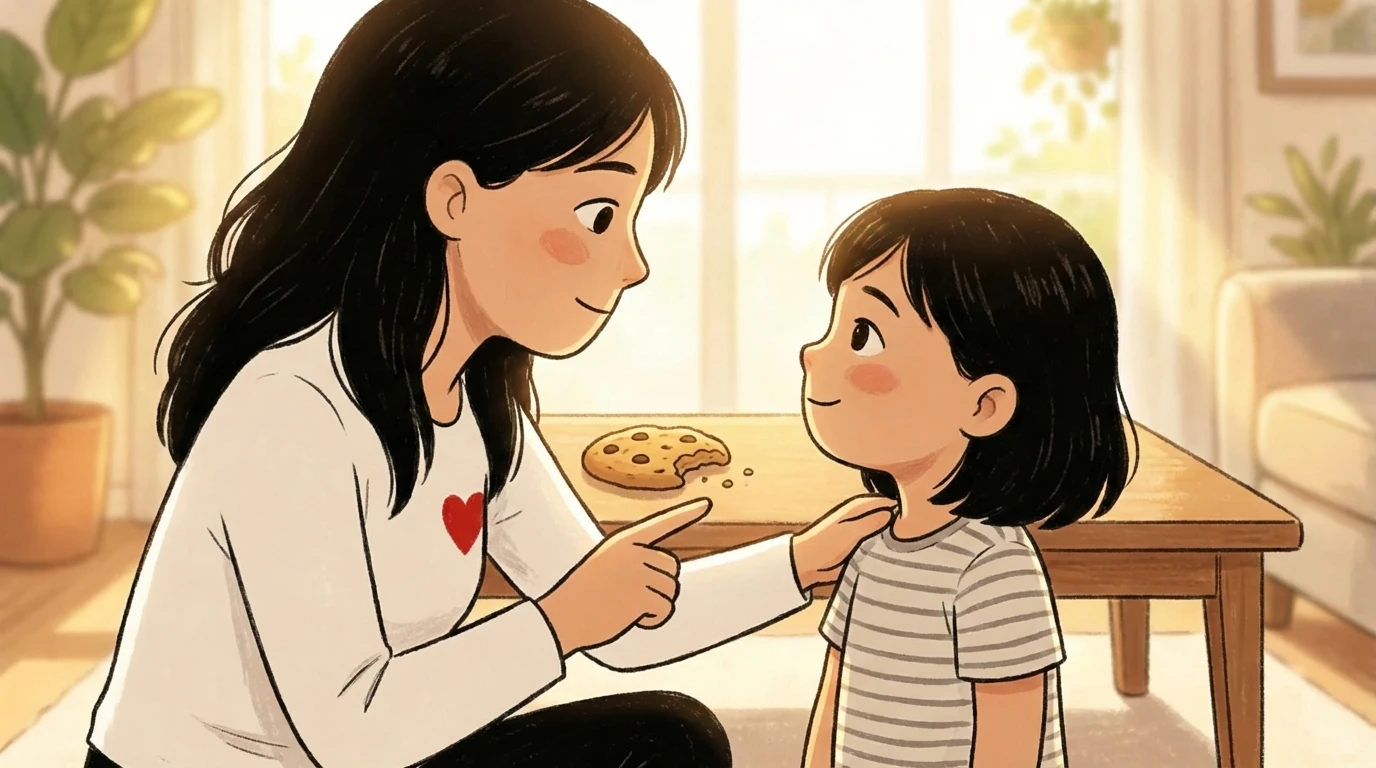 Parent kneeling to talk with child near a cookie on the table, finding the sweet spot between strict and permissive.