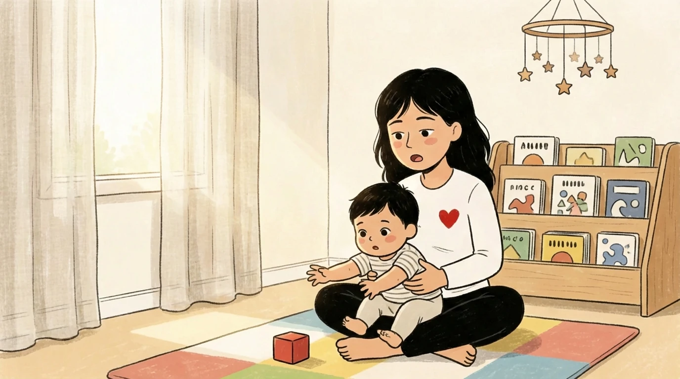 Mother holding a baby on a colorful play mat in a bright nursery illustrating secure attachment.