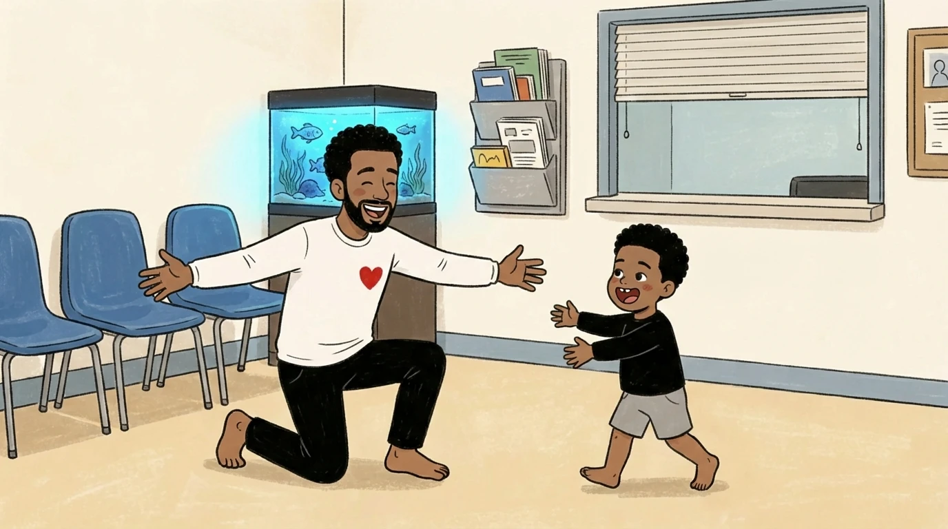 Father kneels with open arms as a toddler walks toward him in a waiting room - attachment theory in action.