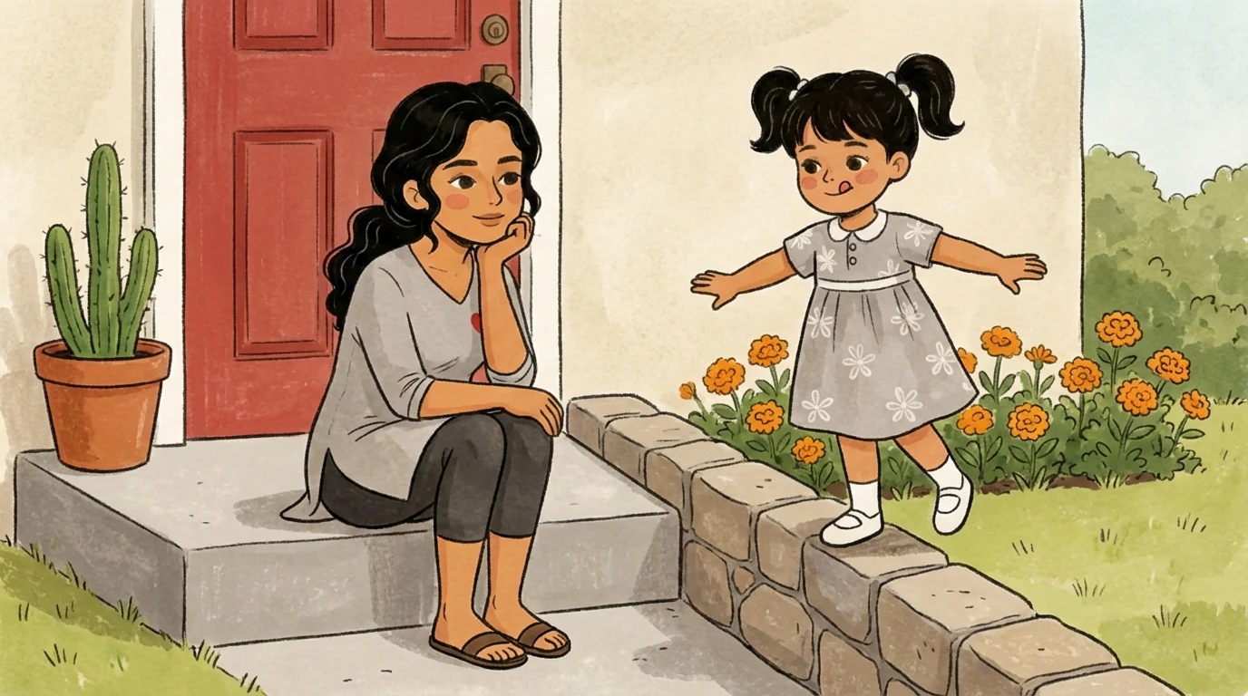 A toddler balances on stone steps near a front door while a caregiver sits close - a secure base in plain view.