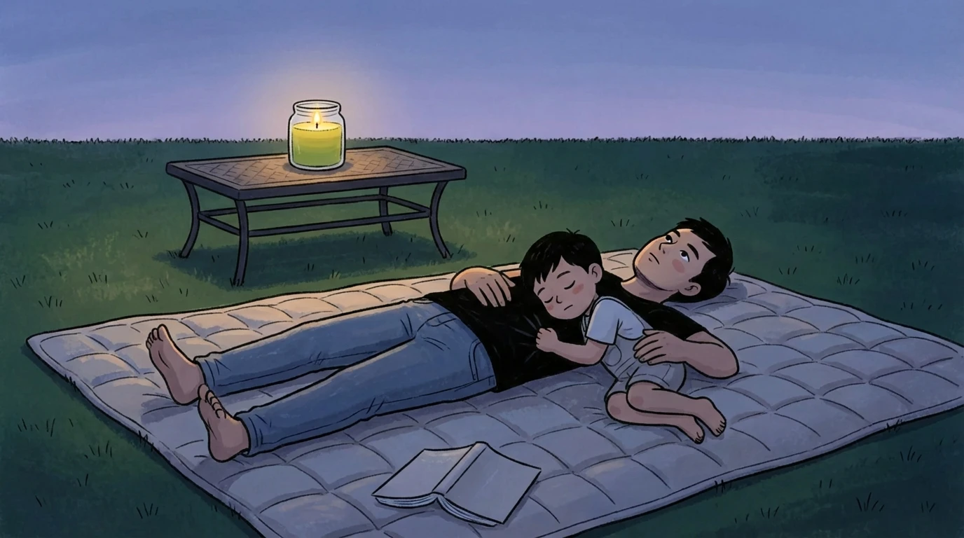 Child resting against a parent on an outdoor blanket at dusk beside a glowing candle jar.