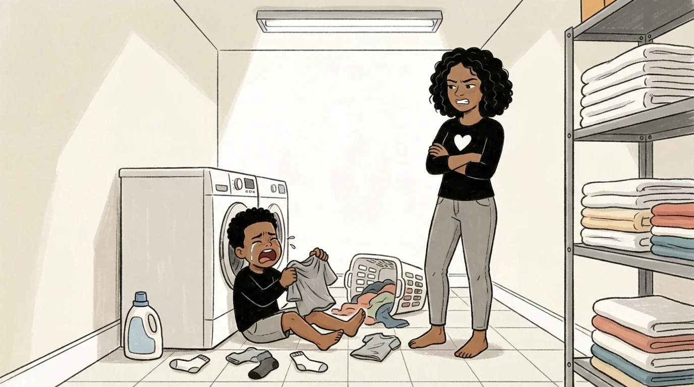 Child sits crying on laundry room floor clutching a shirt, while a parent stands arms crossed - punishment backfires