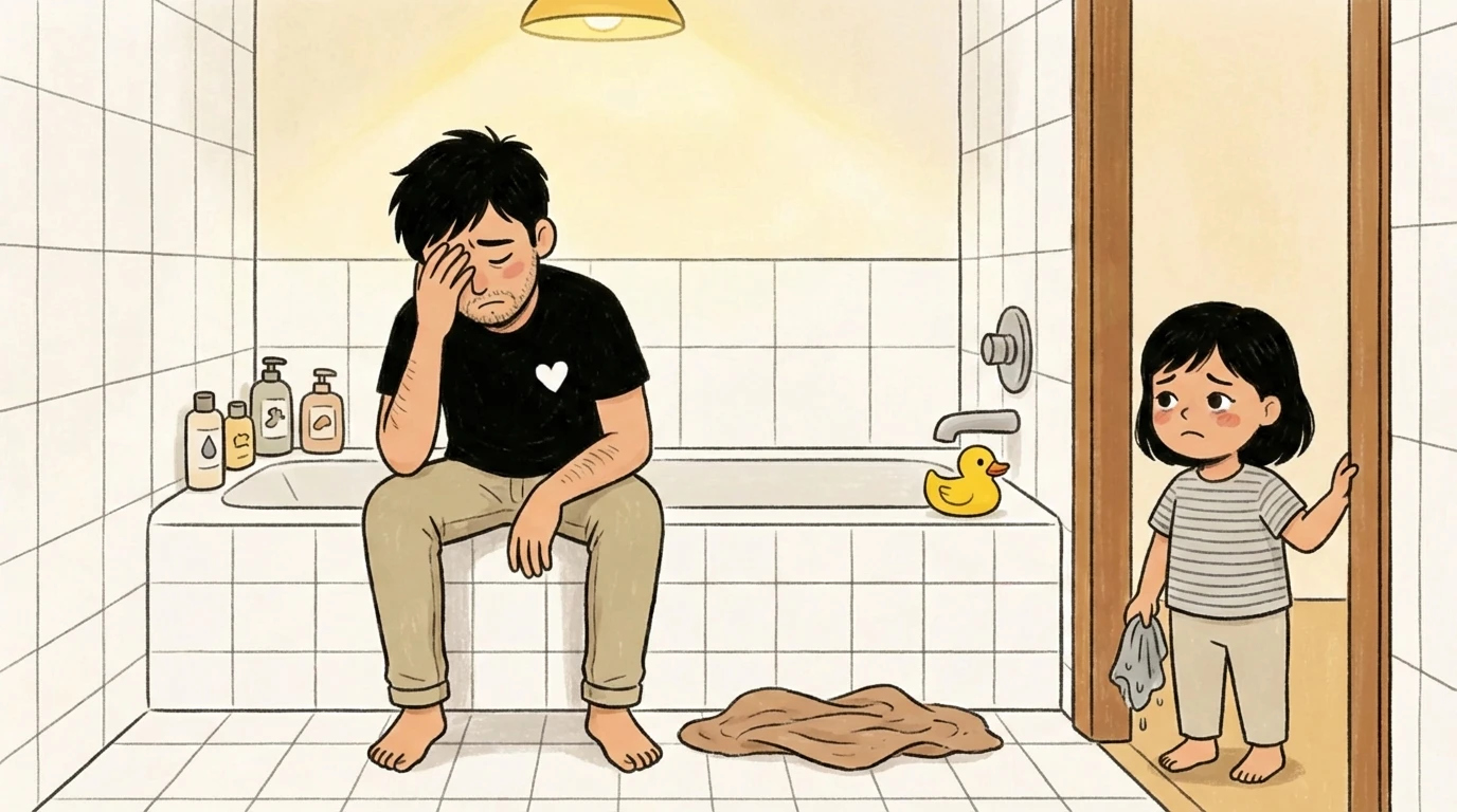 Father sits on bathtub edge head in hand while a child peers through the doorway holding a wet cloth after a consequence