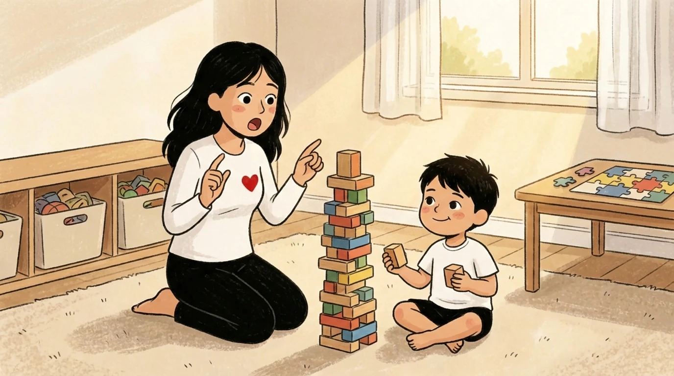 Parent kneels on playroom floor pointing at a tall block tower as a child sits nearby - natural consequences explained