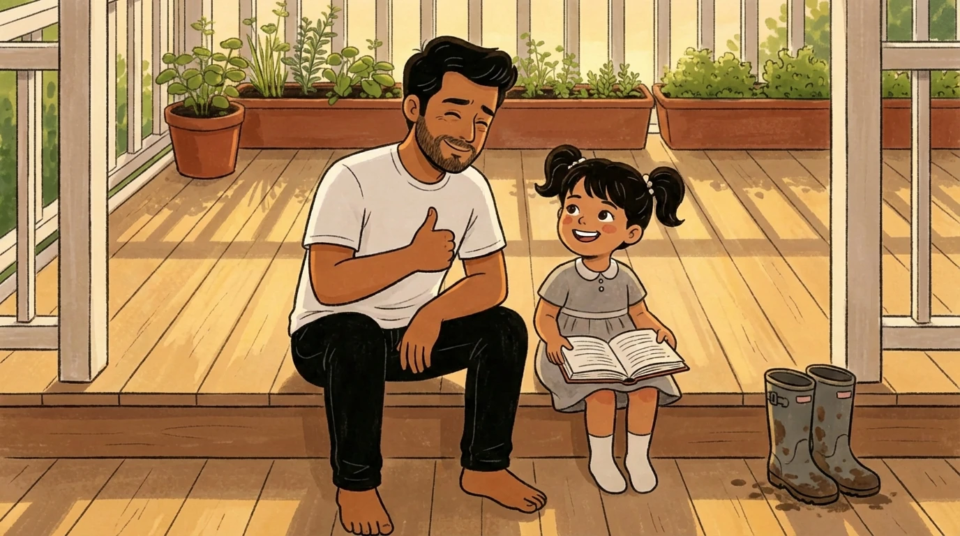 Father on porch gives a thumbs-up while a child holds an open book - brain science favors connection over fear