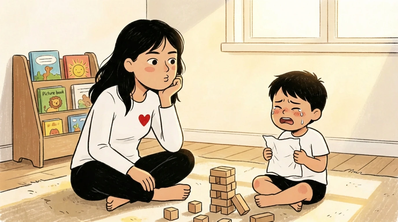 Parent sitting cross-legged on floor attentively watching toddler cry near wooden blocks with picture books behind them