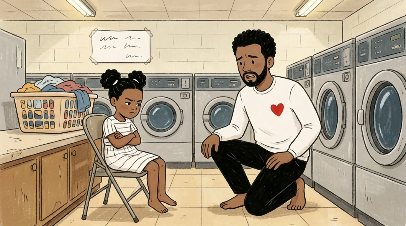 Father kneeling in laundromat beside young child sitting on chair with arms crossed