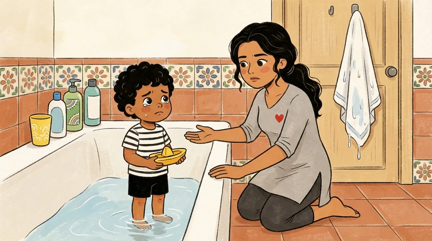 Mother kneeling at bathtub edge offering hand to toddler holding paper boat in connection-based parenting moment