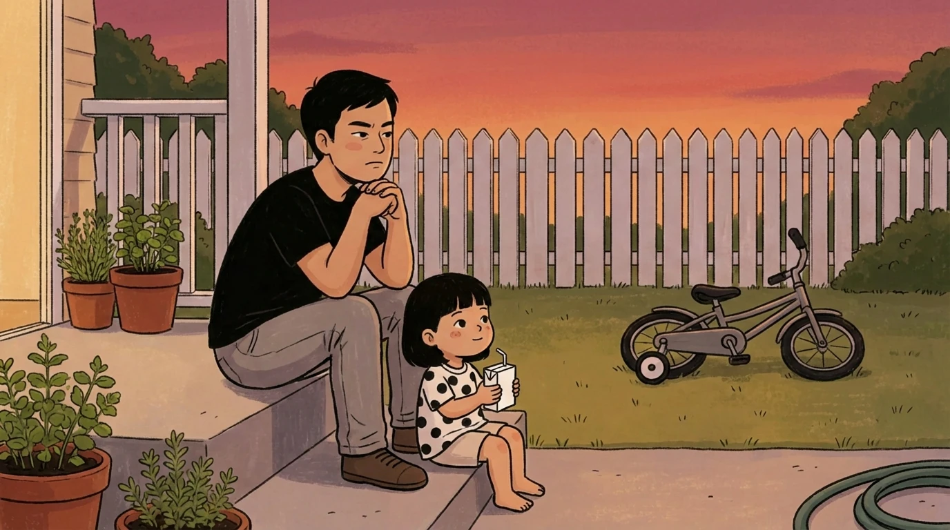 Father and young child sitting on porch steps at sunset watching bicycle in backyard