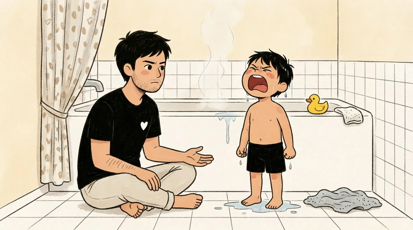 Father on bathroom floor hand out toward a wailing toddler - a child's developing brain can't just behave