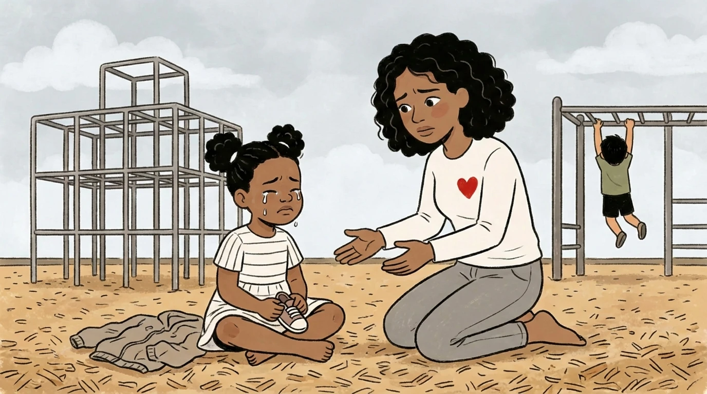 Mother kneeling on playground dirt beside a child who can't yet behave - the prefrontal cortex is still developing