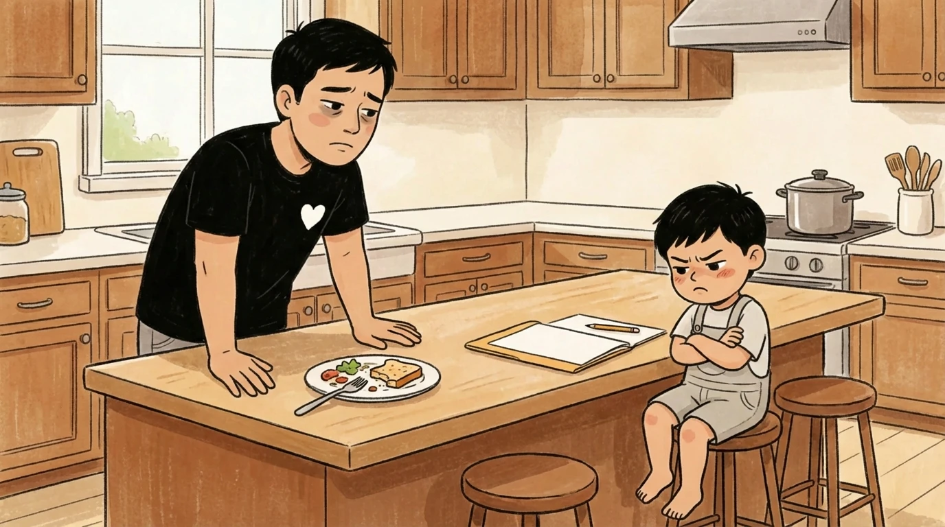 Father leaning over a kitchen counter across from a young child with arms crossed and a plate of food untouched