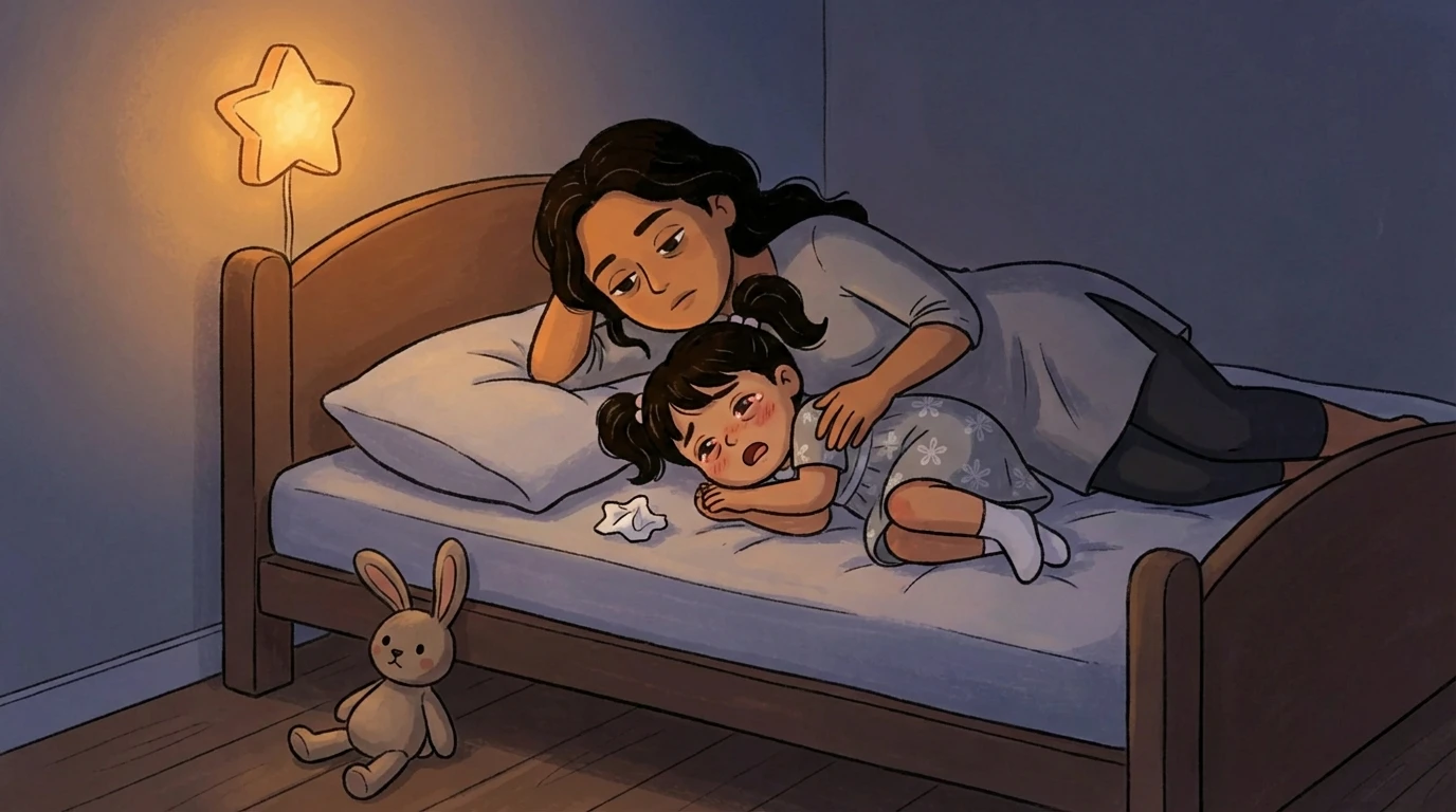 Mother lying beside a flushed toddler on a small bed at night - the brain needs co-regulation to wind down