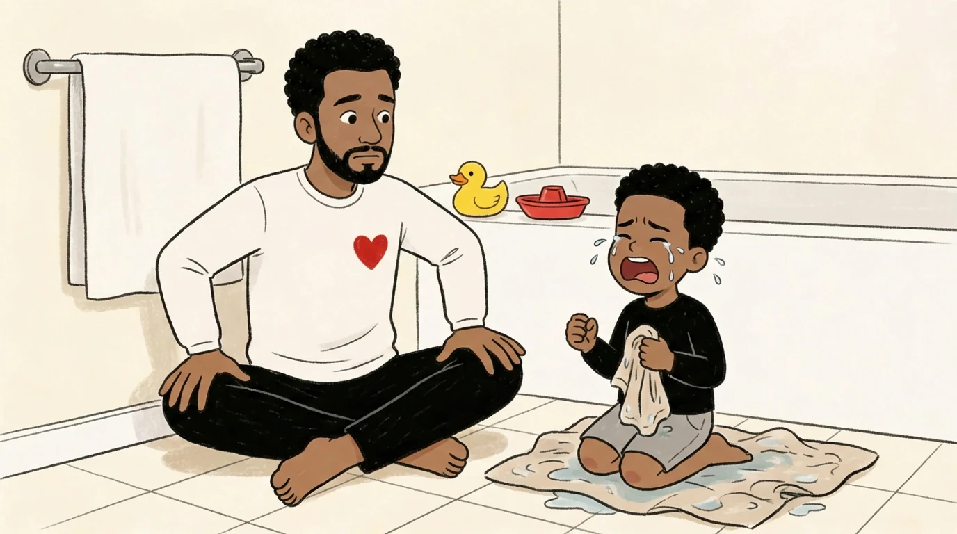Father sitting cross-legged on bathroom floor beside crying toddler offering calm presence during meltdown