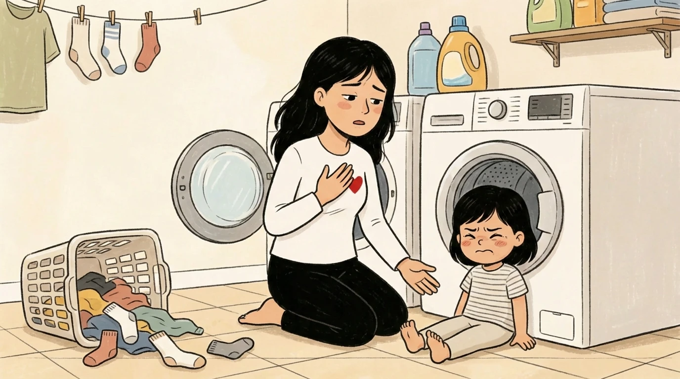 Mother kneeling beside young child in laundry room hand on chest using co-regulation during toddler distress