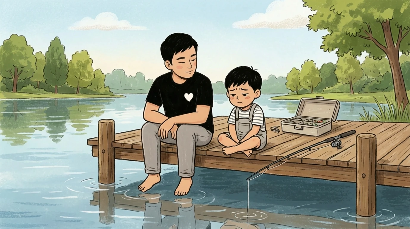 Father and young son sitting side by side on wooden dock over calm water quiet nervous system co-regulation moment