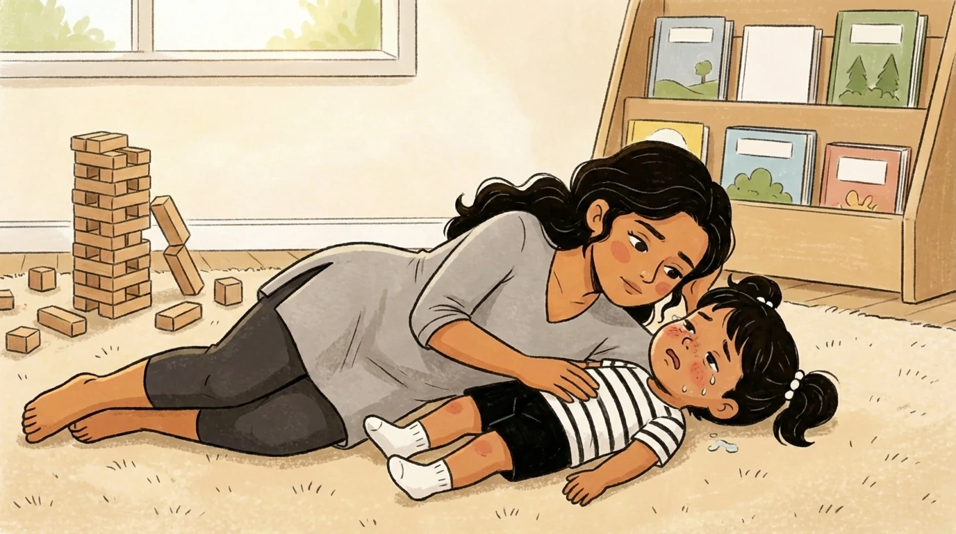 Mother lying on floor holding toddler close in playroom physical proximity supporting child nervous system regulation