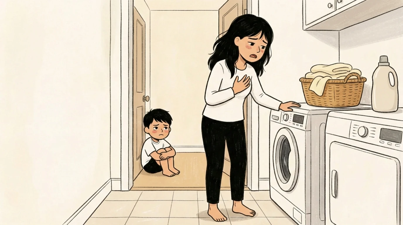 Mother presses hand to chest in laundry room while child sits curled on floor - parent nervous system overwhelm