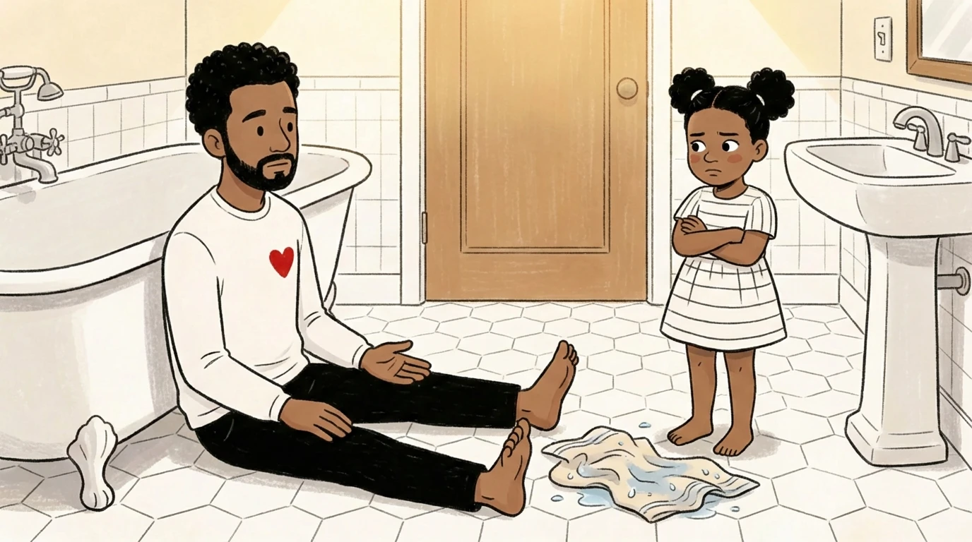 Father sits on bathroom floor facing young child with arms crossed and wet towel between them - co-regulation