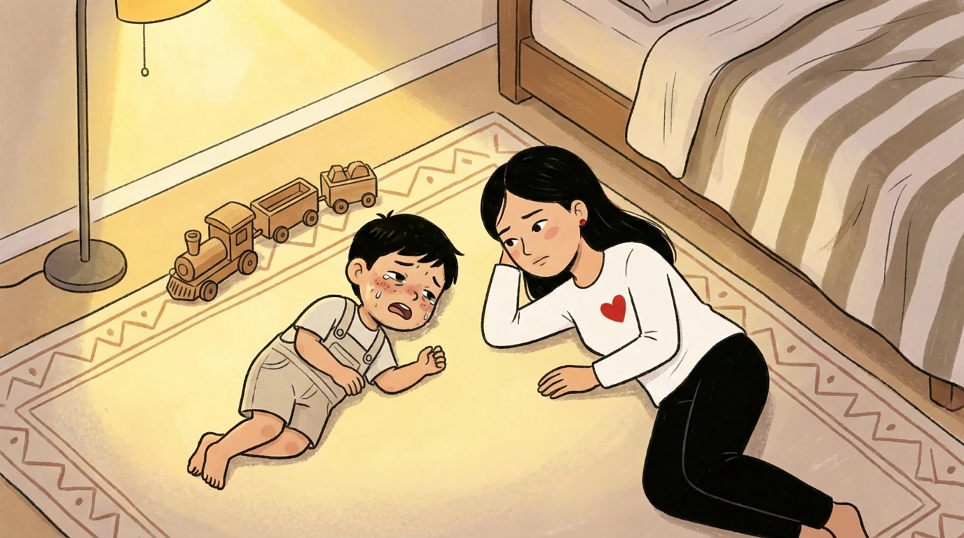 Mother lies on floor at child's level during meltdown beside wooden toy train - polyvagal co-regulation